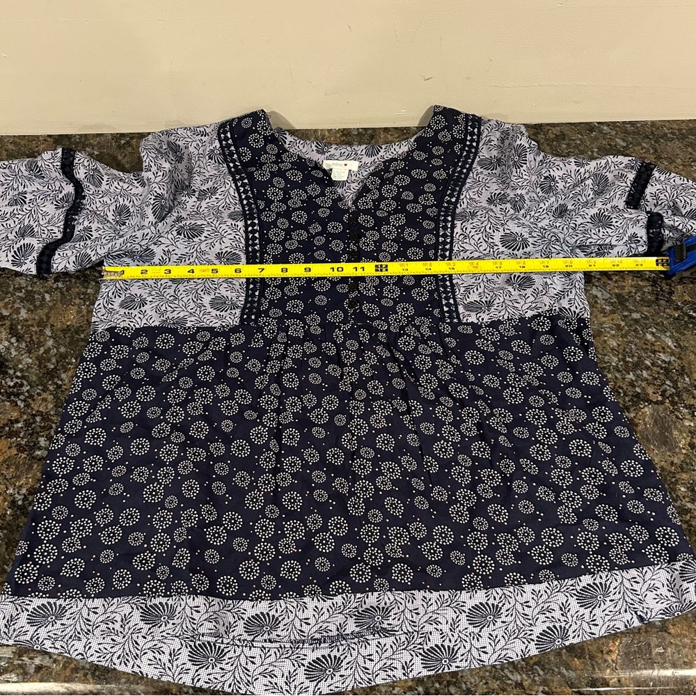 Intro Light Blue Navy Blue Calico Southern Print Boho Peasant Top Petite Large - Picture 3 of 5